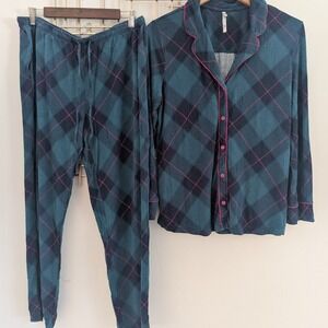 Soma Cool Nights Plaid Pajama Set Long Sleeve Button Up Top & Pants Womens Sz L